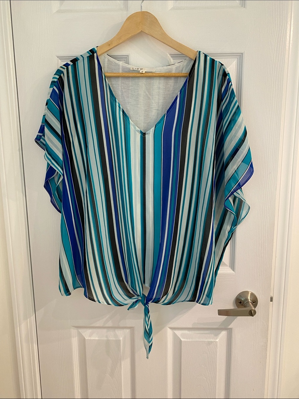 Cleo Women’s Oversize lightweight striped blue green blouse; plus size XL